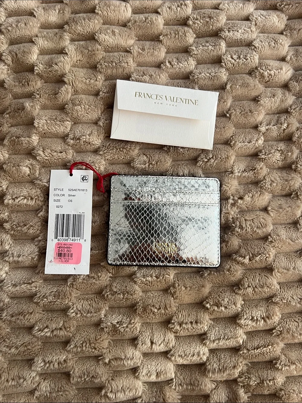 Frances Valentine Metallic Silver Snake-Embossed Card Holder